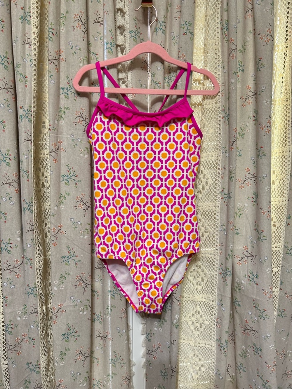 Garnet Hill Kids Pink Ruffle One Piece Swimsuit Size 12 EUC